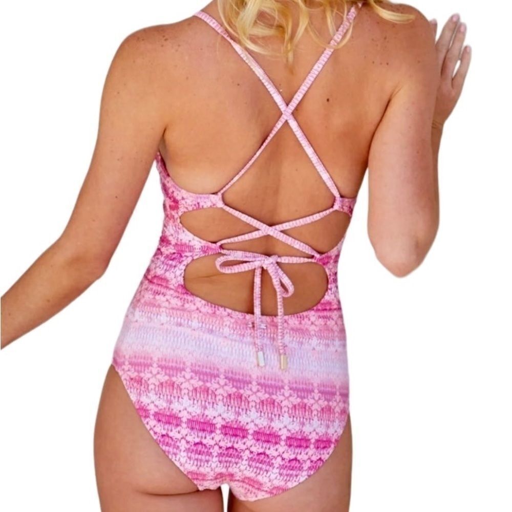 NWT Cabana Life "Napa" Crochet Embroidered Trim One Piece Swimsuit Pink Multi L - Picture 7 of 8